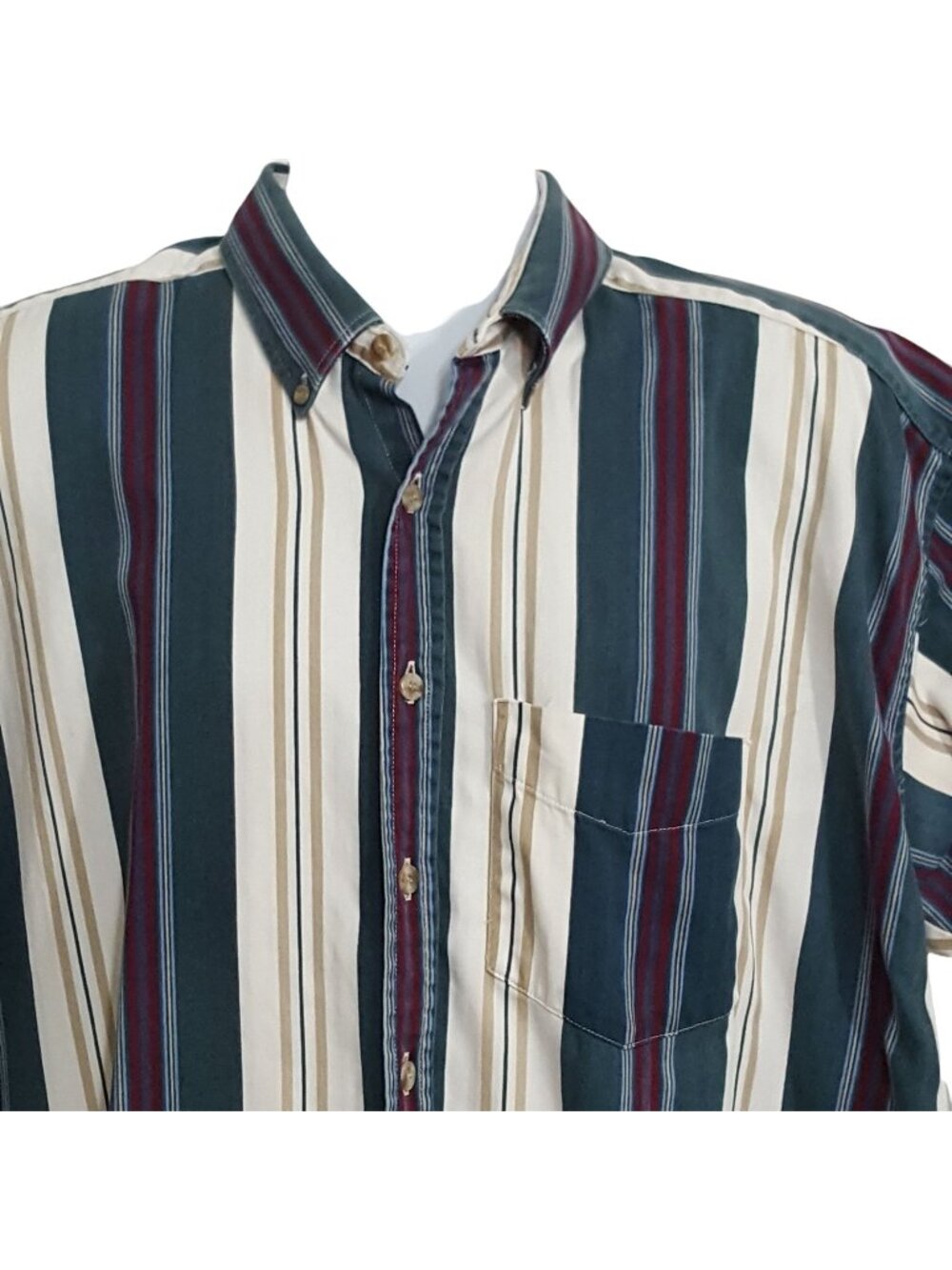Vintage Y2K Mens Short Sleeve Shirt Green White Stripe Twill Fits L Preppy